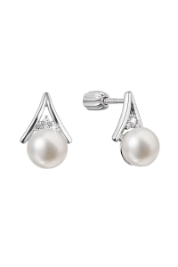 Strieborné náušnice kôstky trojuholník so zirkónmi a riečnou perlou bielej 21083.1B Obrázok pre Strieborné náušnice kôstky trojuholník so zirkónmi a riečnou perlou bielej 21083.1B