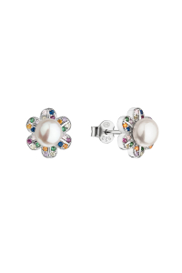 Strieborné náušnice kvietky multi zirkónmi s bielou riečnou perlou 21071.3 multi Obrázok pre Strieborné náušnice kvietky multi zirkónmi s bielou riečnou perlou 21071.3 multi