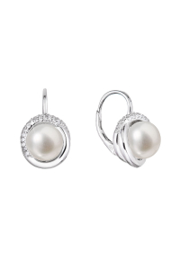 Obrázok pre Strieborné náušnice visiace s bielou riečnou perlou a zirkónmi okrúhle 21075.1