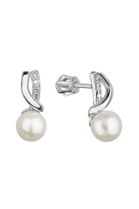 Obrázok pre Zlaté 14 karátové náušnice biele zlato s riečnou perlou a zirkónmi 81PZ00026