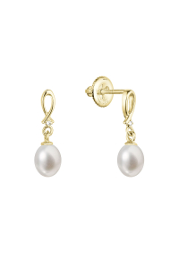 Obrázok pre Zlaté 14 karátové náušnice visiace s riečnou perlou a briliantmi 91PB00039