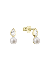 Obrázok pre Zlaté 14 karátové náušnice zo žltého zlata s bielou riečnou perlou a zirkónmi 91PZ00053