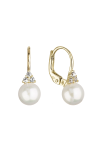 Obrázok pre Zlaté 14 karátové náušnice žlté zlato s bielou riečnou perlou a tromi zirkónmi 91PZ00024