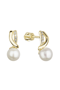 Obrázok pre Zlaté 14 karátové náušnice žlté zlato s bielou riečnou perlou a zirkónmi 91PZ00026