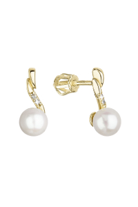 Obrázok pre Zlaté 14 karátové náušnice žlté zlato s bielou riečnou perlou a zirkónmi 91PZ00027