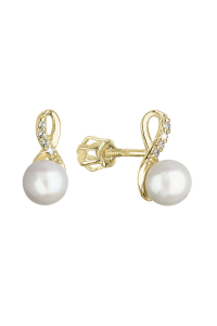 Obrázok pre Zlaté 14 karátové náušnice žlté zlato s bielou riečnou perlou a zirkónmi 91PZ00028 nekonečno