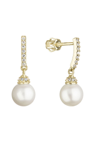 Obrázok pre Zlaté 14 karátové náušnice žlté zlato s visiacou bielou riečnou perlou a zirkónmi 91PZ00021