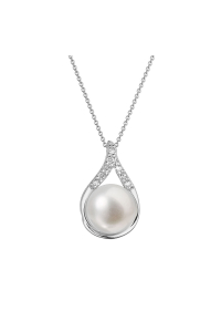 Obrázok pre Zlatý 14 karátový náhrdelník slza biele zlato s bielou riečnou perlou a briliantmi 82PB00032