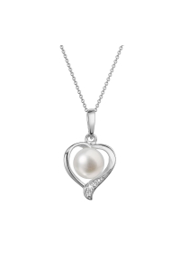 Obrázok pre Zlatý 14 karátový náhrdelník srdce biele zlato s bielou riečnou perlou a briliantmi 82PB00049