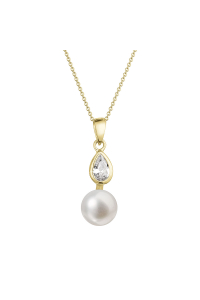 Obrázok pre Zlatý 14 karátový náhrdelník žlté zlato s bielou riečnou perlou a zirkónmi 92PZ00048