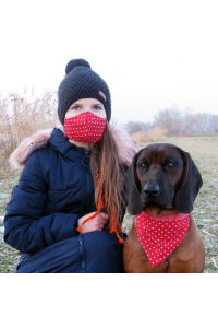 Obrázok pre SADA Bavlnená šatka pre psíka + rúško - Srdiečka+bodky / červená