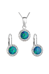 Obrázok pre Sada šperkov so syntetickým opálom a krištálmi Preciosa náušnice a prívesok zelené okrúhle 39160.1
