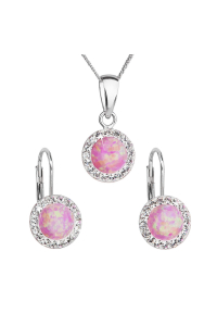 Obrázok pre Sada šperkov so syntetickým opálom a krištálmi Preciosa náušnice a prívesok svetlo ružové okrúhle 39160.1