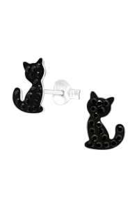 Obrázok pre Strieborné náušnice napichovacie Mačky čierne krištáliky