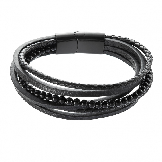 Obrázok pre Náramok pánsky recykl.koža a čierne korálky 43030.3 čierny