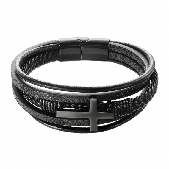 Obrázok pre Náramok pánsky s koženkovými pásikmi krížom a sponou na magnet 43025.3 čierny