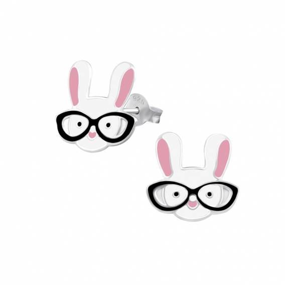Obrázok pre Detské strieborné náušnice napichovacie Zajace s okuliarmi