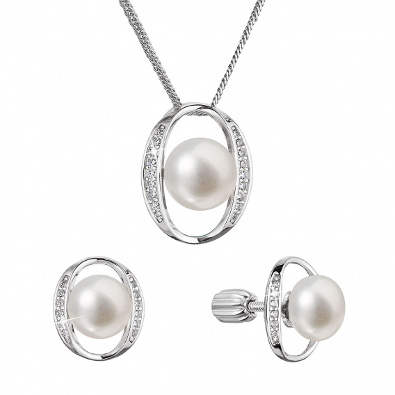 Obrázok pre Perlová súprava ovál s riečnou perlou a zirkónmi biela 29049.1B