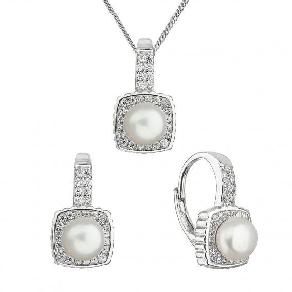 Obrázok pre Perlová súprava s bielou riečnou perlou a zirkónmi štvorec 29084.1