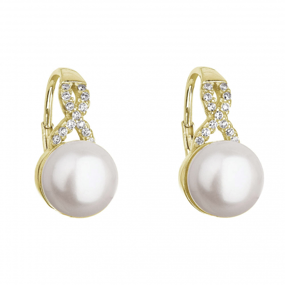 Obrázok pre Pozlátené náušnice visiace s bielou riečnou perlou a zirkónmi 21048.1