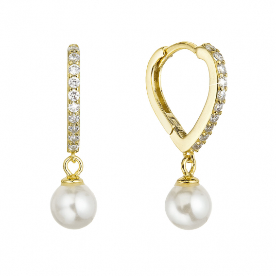 Obrázok pre Pozlátené strieborné náušnice srdca so zirkónmi a visiacou perličkou shell 11426.1