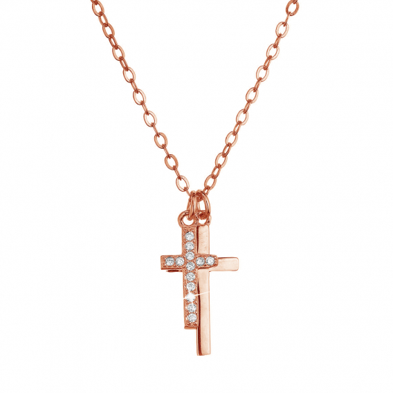 Obrázok pre Pozlátený strieborný Rose Gold náhrdelník dva malé krížiky a biele zirkóny 12059.1 crystal