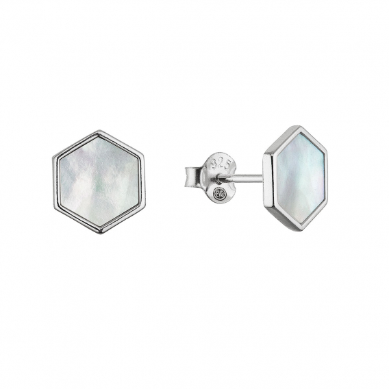 Obrázok pre Strieborné náušnice hexagón s bielou perleťou 11689.1