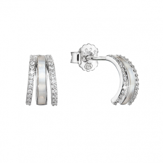 Obrázok pre Strieborné náušnice kôstky polkruhy biele zirkóny a perleť 11422.1