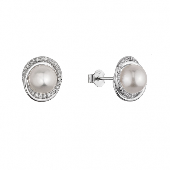 Obrázok pre Strieborné náušnice kôstky s bielou riečnou perlou a zirkónmi okrúhle 21113.1