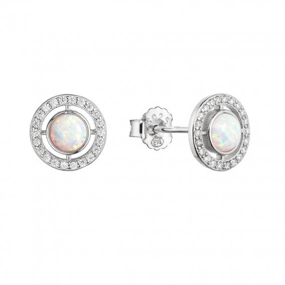 Obrázok pre Strieborné náušnice kôstky s bielym okrúhlym syntetickým opálom a zirkónmi 11468.1 white