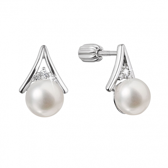 Obrázok pre Strieborné náušnice kôstky trojuholník so zirkónmi a riečnou perlou bielej 21083.1B