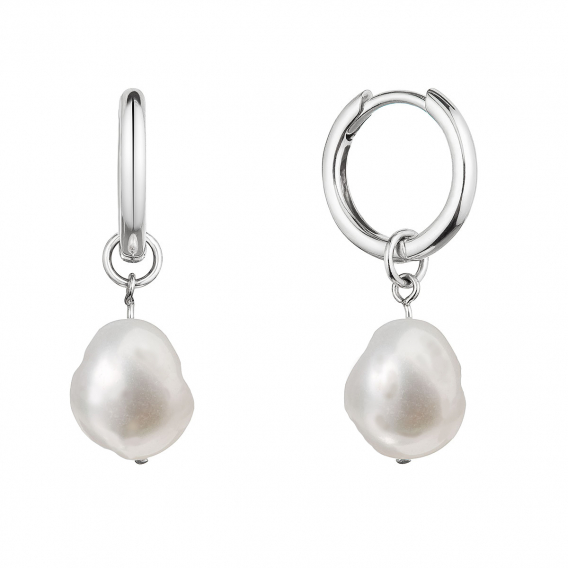 Obrázok pre Strieborné náušnice kruhy s visiacou bielou riečnou perlou baroko 21106.1
