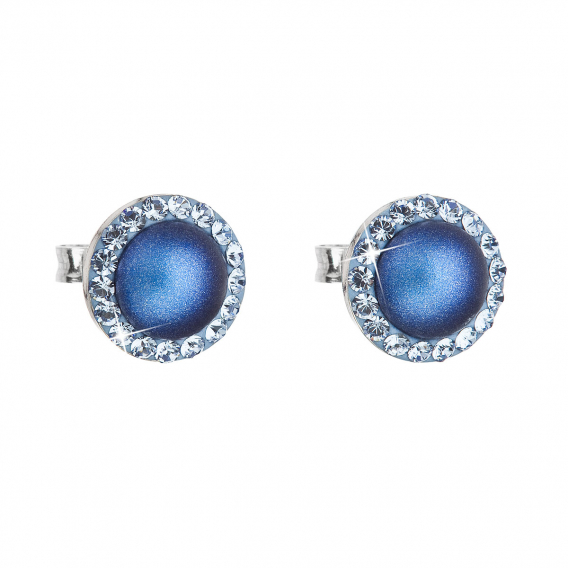 Obrázok pre Strieborné náušnice pecka s kryštálmi Swarovski a tmavomodrou matnou perlou okrúhle 31214.3