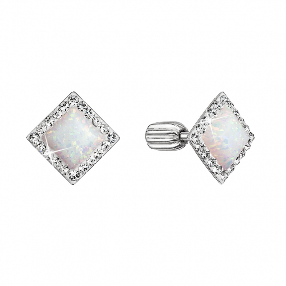 Obrázok pre Strieborné náušnice pecka so syntetickým opálom a kryštálmi Preciosa biely kosoštvorec 31318.1 white