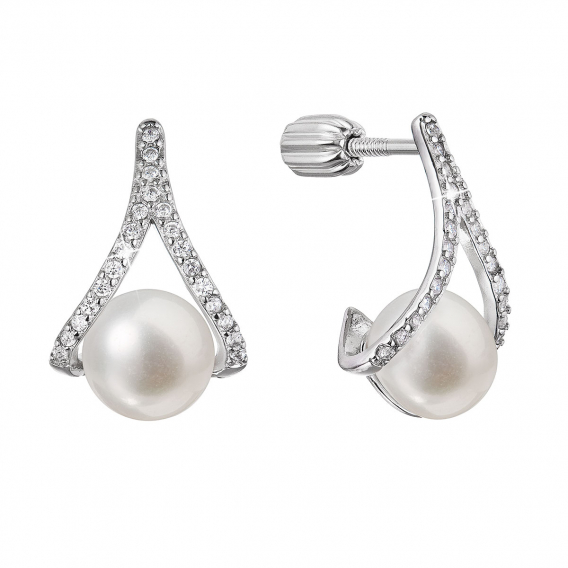 Obrázok pre Strieborné náušnice trojuholník so zirkónmi a riečnou perlou bielej 21084.1B