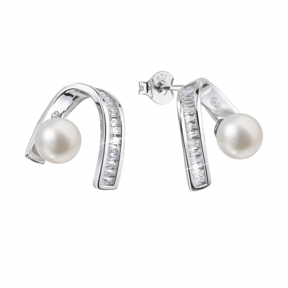 Obrázok pre Strieborné náušnice visiace s bielou riečnou perlou a zirkónmi 21074.1