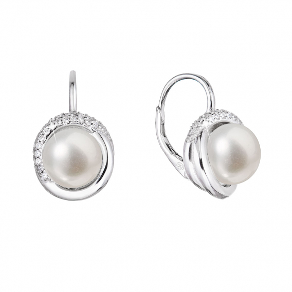 Obrázok pre Strieborné náušnice visiace s bielou riečnou perlou a zirkónmi okrúhle 21075.1