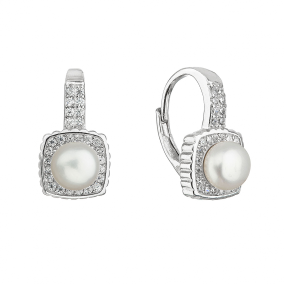 Obrázok pre Strieborné náušnice visiace s bielou riečnou perlou štvorec biely 21073.1