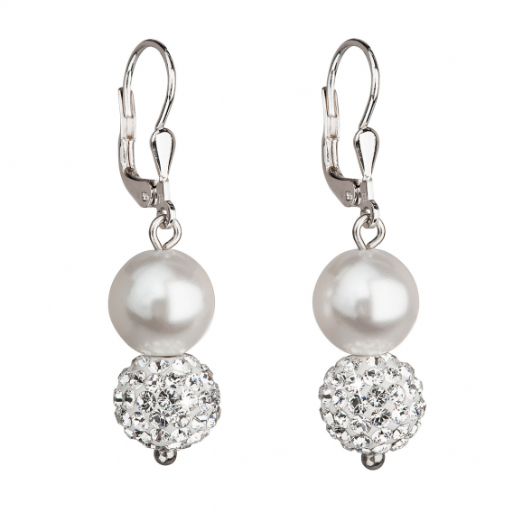 Obrázok pre Strieborné náušnice visiace so syntetickými perlami a kryštálmi Swarovski biele okrúhle 31155.1