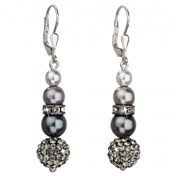 Obrázok pre Strieborné náušnice visiace so syntetickými perlami a Preciosa kryštály šedé okrúhle 31149.3