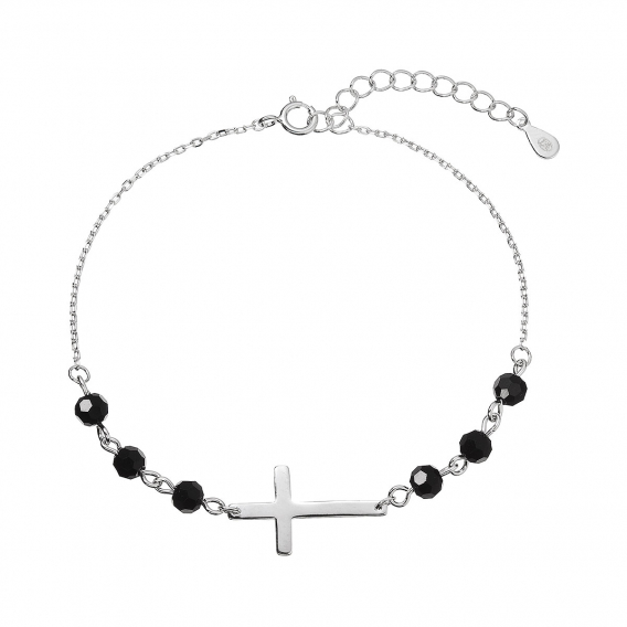 Obrázok pre Strieborný náramok krížik s čiernymi korálkami 13062.3