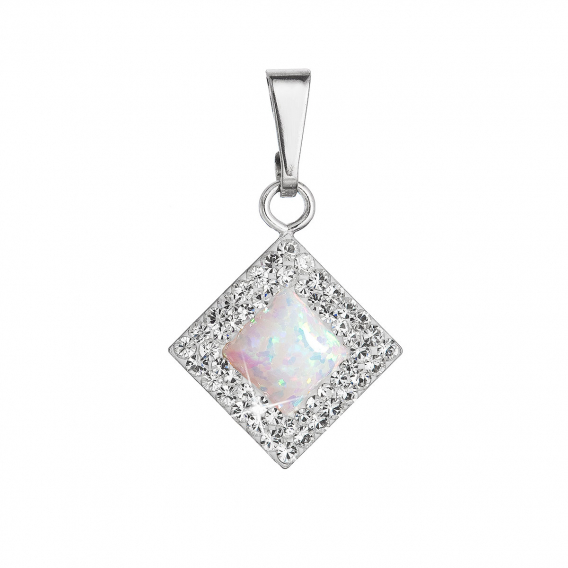 Obrázok pre Strieborný prívesok so syntetickým opálom a kryštálmi Preciosa biely kosoštvorec 34260.1 white