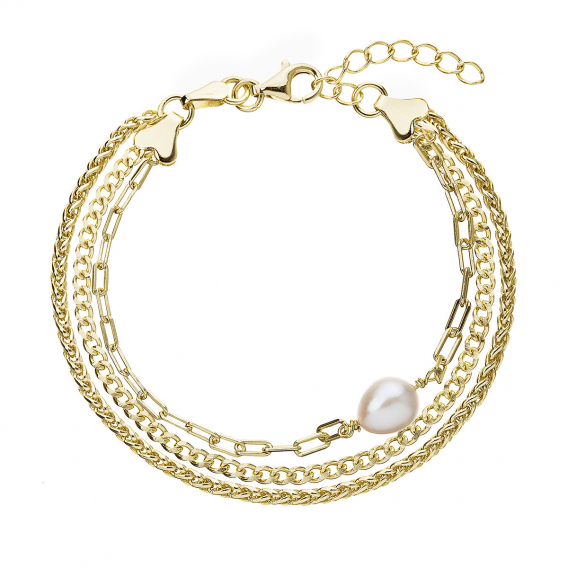 Obrázok pre Trojitý pozlátený strieborný náramok z retiazok s bielou perlou 23028.1
