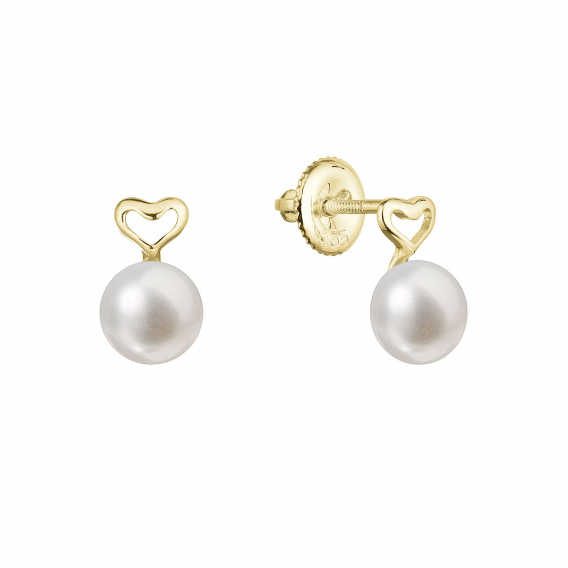 Obrázok pre Zlaté 14 karátové náušnice kôstky žlté zlato srdiečko s bielou riečnou perlou 91P00048