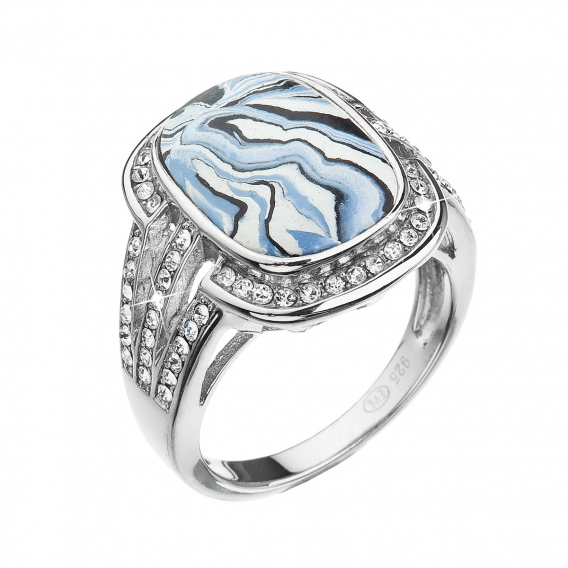 Obrázok pre Strieborný prsteň obdĺžnik modrobiely mramor so Swarovski kryštálmi 75015.1