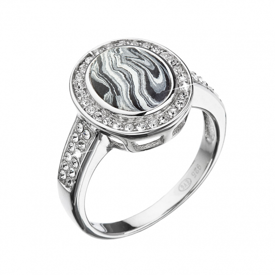 Obrázok pre Strieborný prsteň ovál čiernobiely mramor sa Swarovski kryštály 75018.1