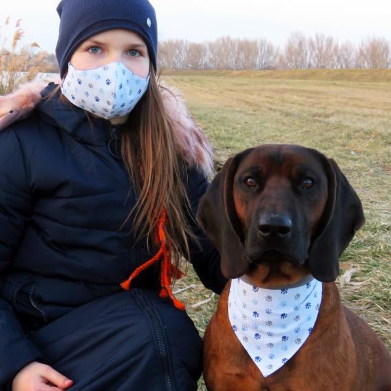 Obrázok pre SADA Bavlnená šatka pre psíka + rúško - Psie labky modrá / tmavosivá