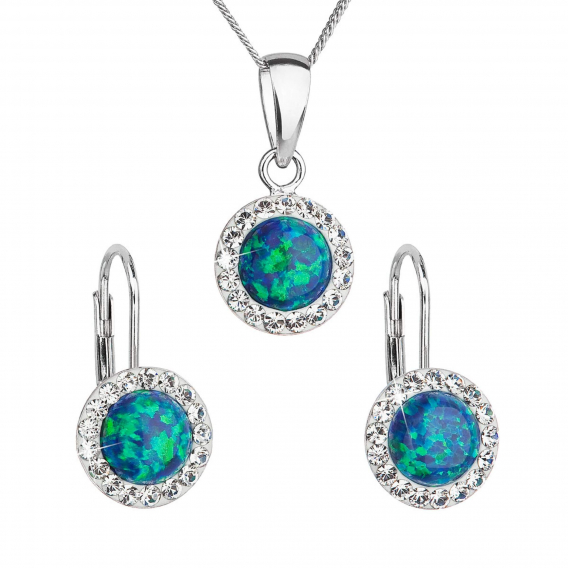 Obrázok pre Sada šperkov so syntetickým opálom a krištálmi Preciosa náušnice a prívesok zelené okrúhle 39160.1