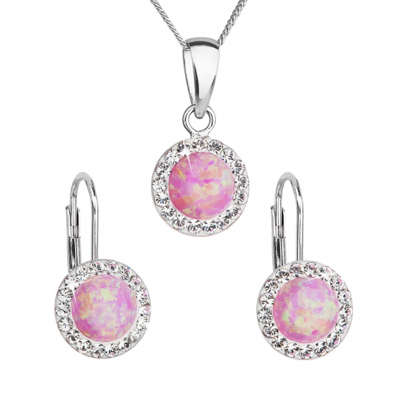 Obrázok pre Sada šperkov so syntetickým opálom a krištálmi Preciosa náušnice a prívesok svetlo ružové okrúhle 39160.1