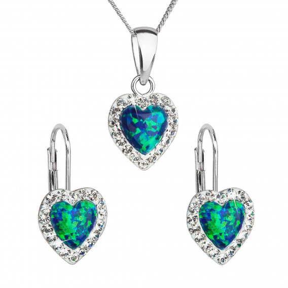 Obrázok pre Sada šperkov so syntetickým opálom a krištálmi Preciosa náušnice a prívesok zelené srdce 39161.1